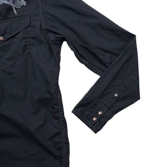 Vintage DKNY Pearl Snap Shirt Mens Medium Black Y2K Western Goth Long Sleeve - Picture 4 of 9